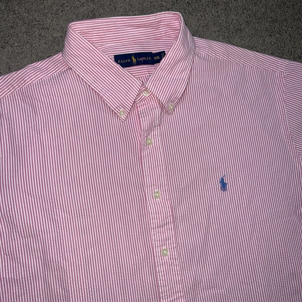 VINTAGE Ralph Lauren Shirt Men XXL Pink Blake Seersucker Striped Button Down
